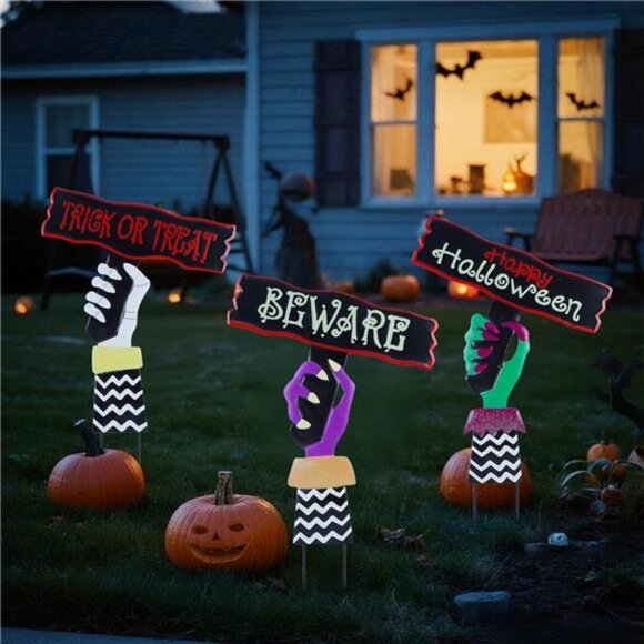 3 Pack Halloween Yard Stakes Outdoor Decorations – Scary Metal Hand Signs - Picture 1 of 7